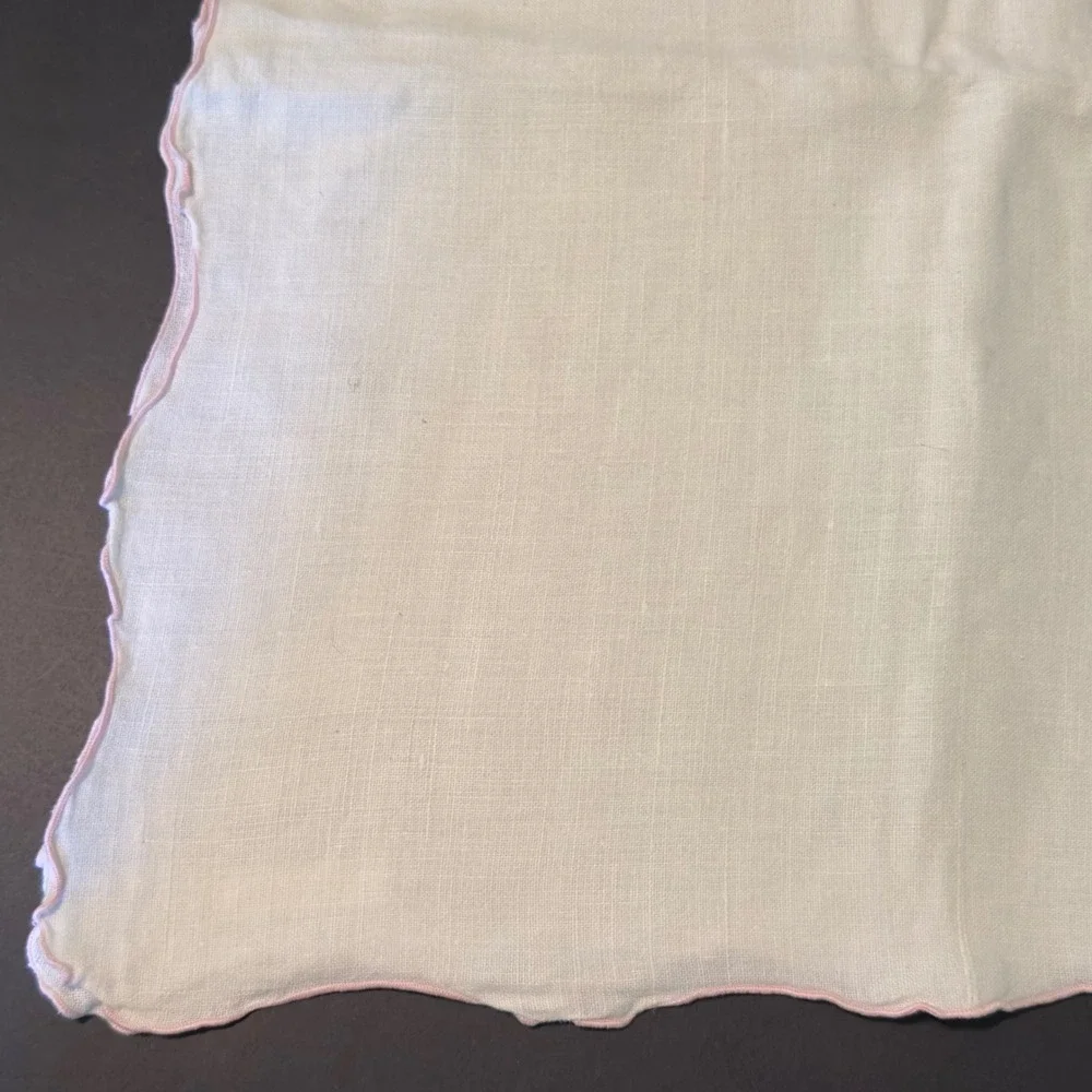 Vintage Linen Tablecloth White Pink Scalloped Edge 48x64 Cottagecore Farmhouse
